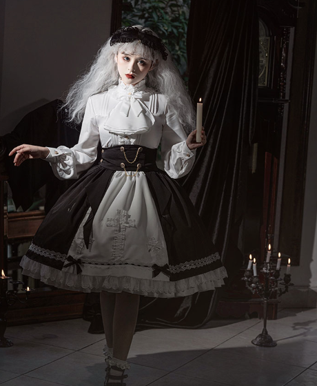 Goth Lolita Dress Holy Academy Prince Lolita Prince Skirt Set Black White Cape Blouse Pants