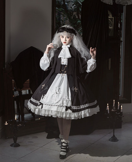 Goth Lolita Dress Holy Academy Prince Lolita Prince Skirt Set Black White Cape Blouse Pants