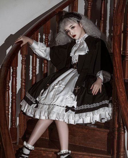 Goth Lolita Dress Holy Academy Prince Lolita Prince Skirt Set Black White Cape Blouse Pants