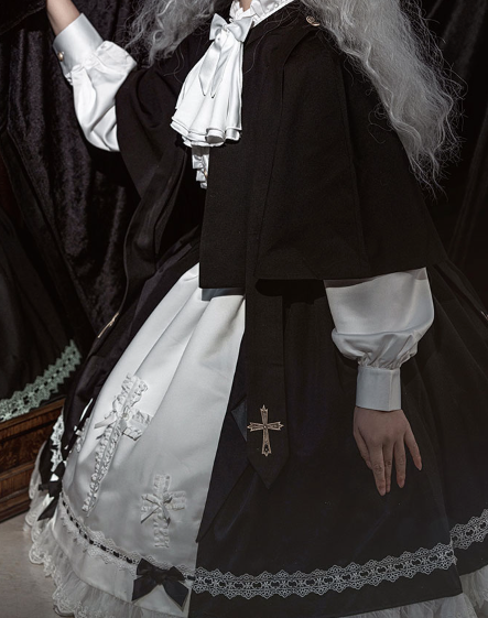Goth Lolita Dress Holy Academy Prince Lolita Prince Skirt Set Black White Cape Blouse Pants