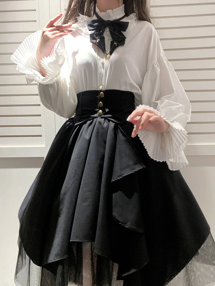 Goth Lolita Fashion Vintage Gothic White Irregular Black Mesh Skirt Two-piece Autumn Set Lolita Dresses Blouse Shirt