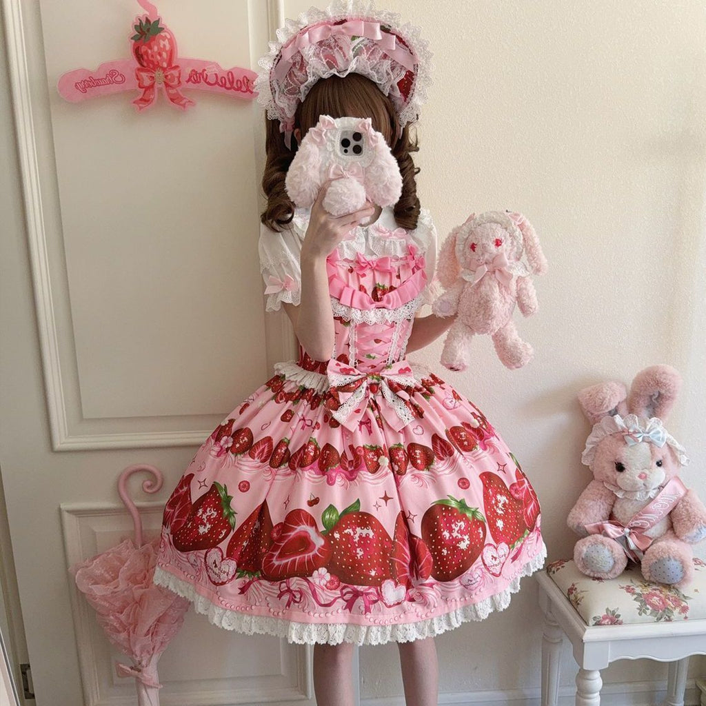Sweet Strawberry Pattern Design Lolita Dress Red Sweet Cute Jsk Suspender Princess Red Dress Short Sleeve Daily Party