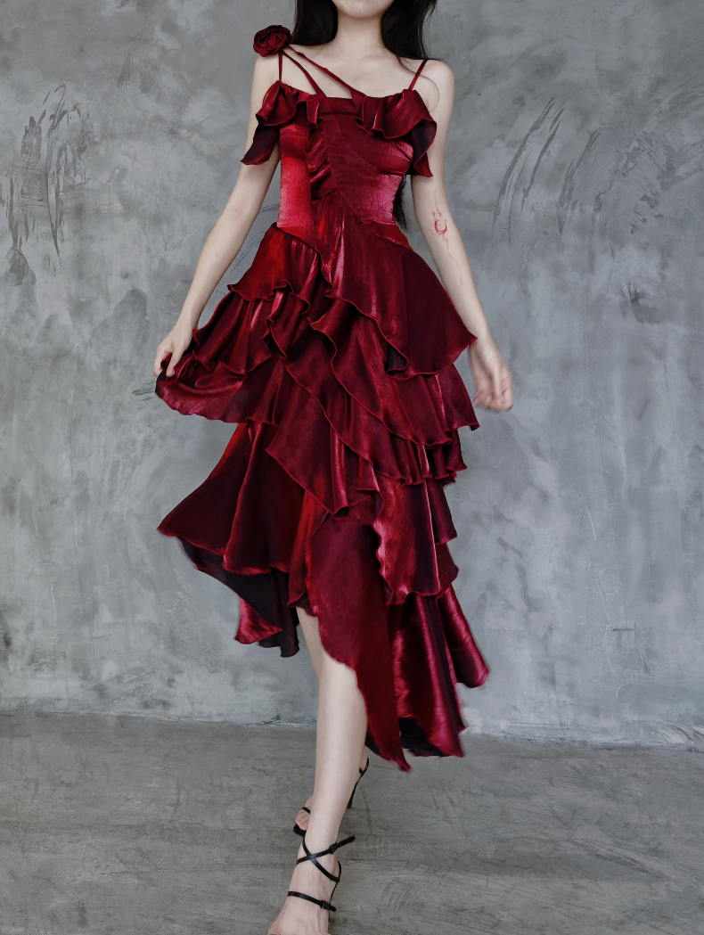 [Pre]Gothic Lolita Goth Prom Dress Irregular Ruffle Edge Burgundy Red Skirt Long Skirt Summer Dress