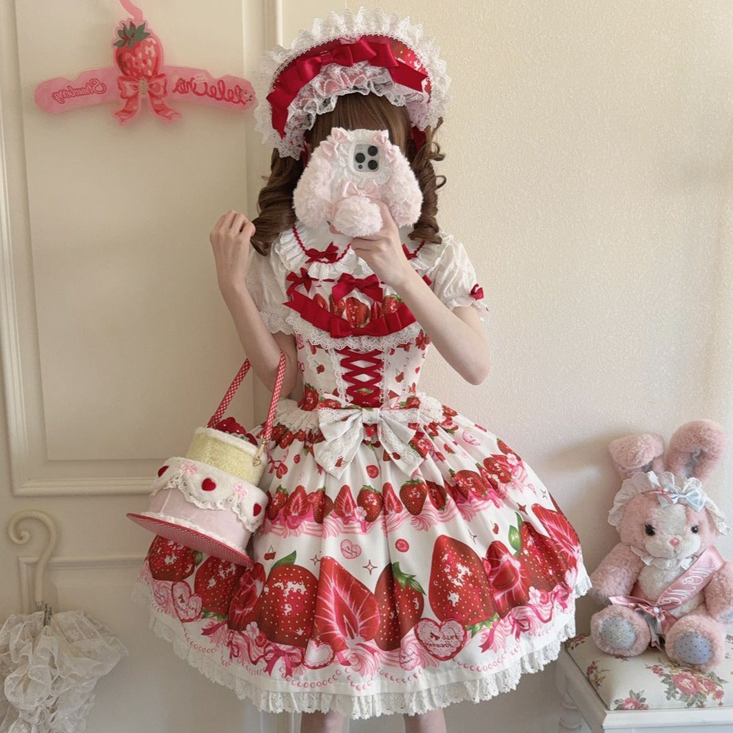 Sweet Strawberry Pattern Design Lolita Dress Red Sweet Cute Jsk Suspender Princess Red Dress Short Sleeve Daily Party