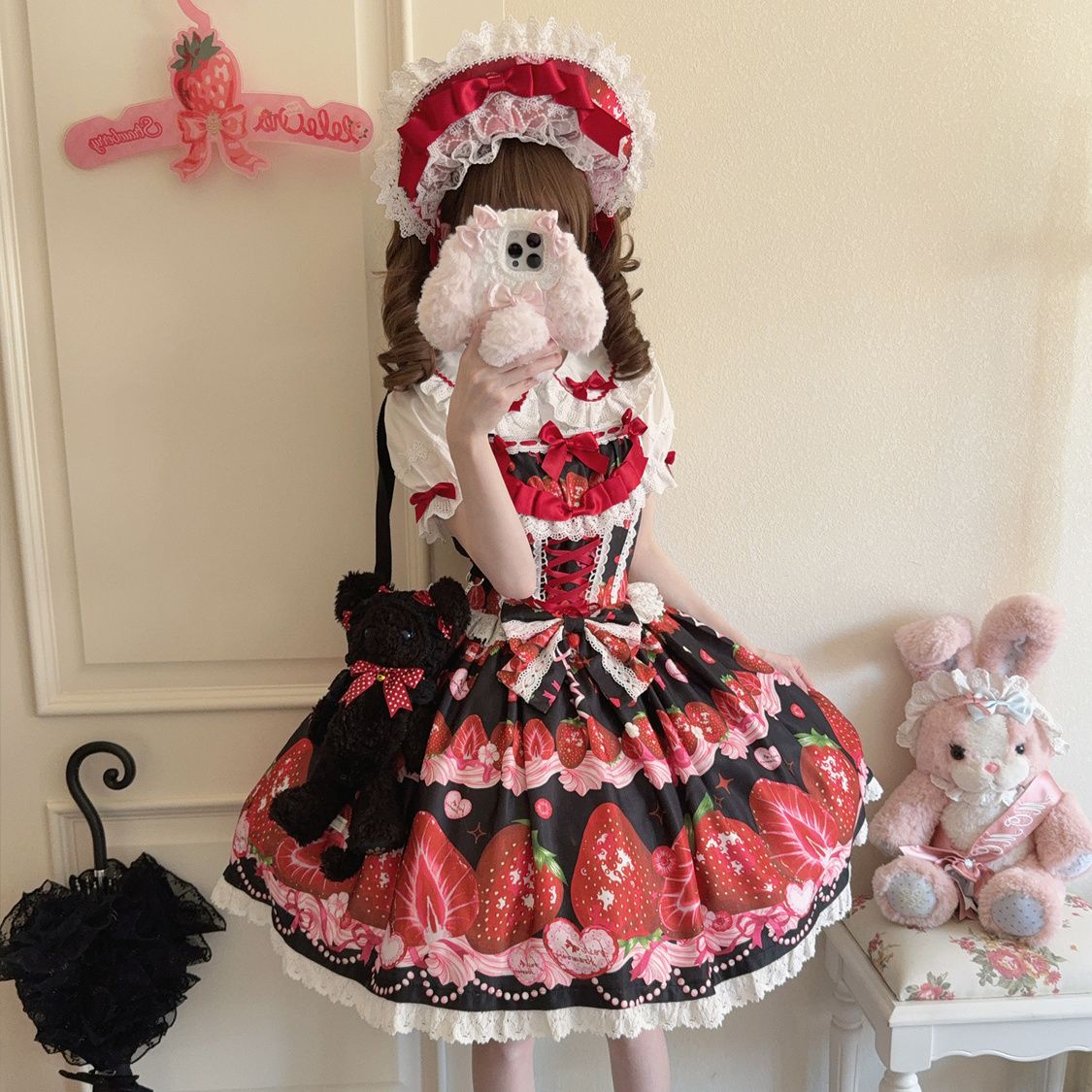 Sweet Strawberry Pattern Design Lolita Dress Red Sweet Cute Jsk Suspender Princess Red Dress Short Sleeve Daily Party