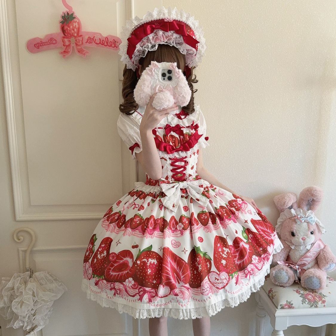 Sweet Strawberry Pattern Design Lolita Dress Red Sweet Cute Jsk Suspender Princess Red Dress Short Sleeve Daily Party