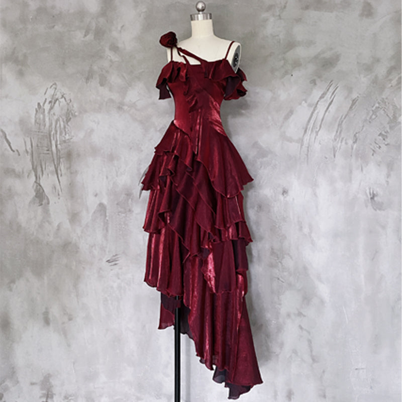 [Pre]Gothic Lolita Goth Prom Dress Irregular Ruffle Edge Burgundy Red Skirt Long Skirt Summer Dress