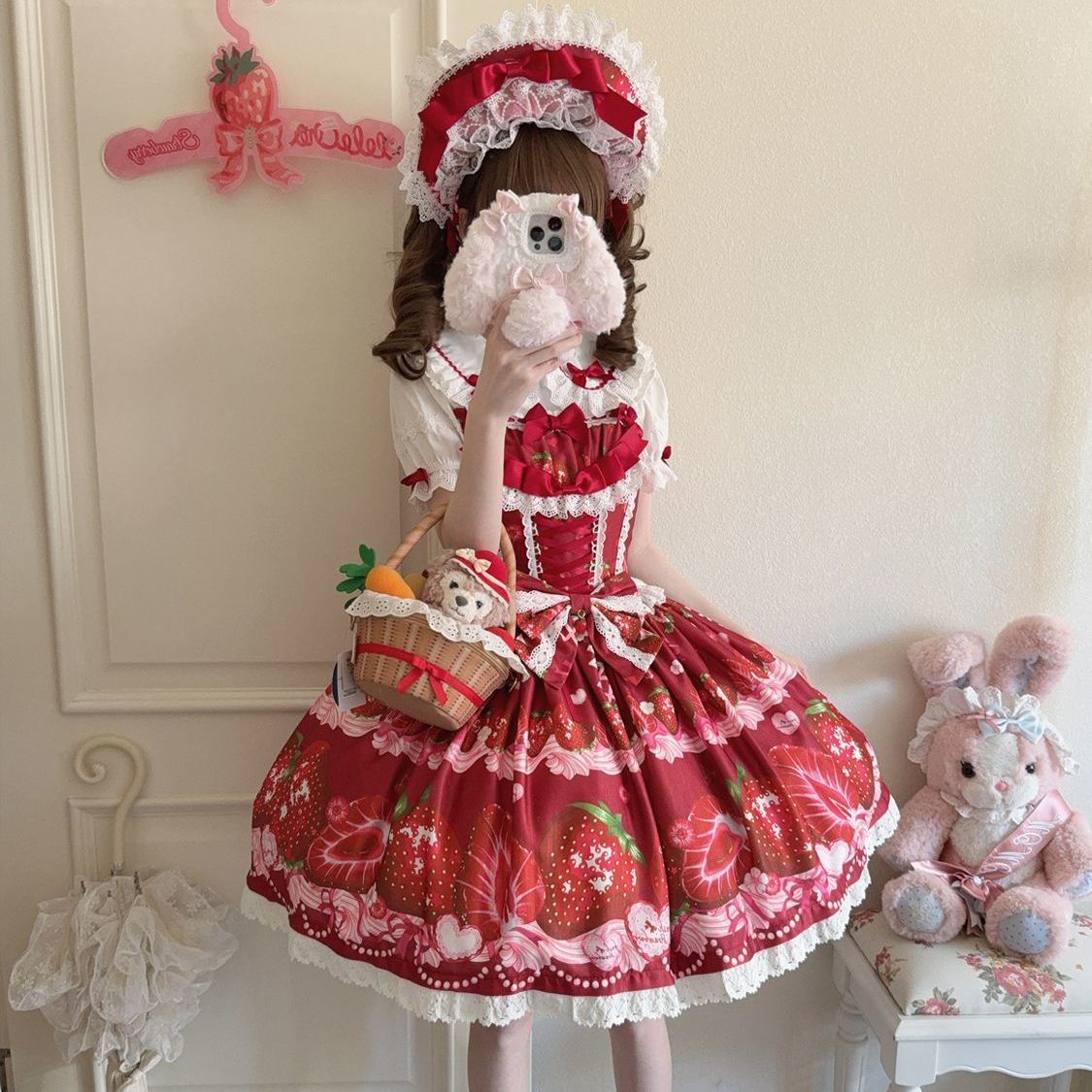Sweet Strawberry Pattern Design Lolita Dress Red Sweet Cute Jsk Suspender Princess Red Dress Short Sleeve Daily Party