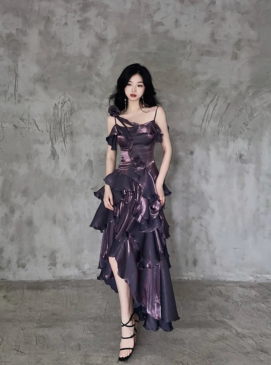 [Pre]Gothic Lolita Goth Prom Dress Irregular Ruffle Edge Burgundy Red Skirt Long Skirt Summer Dress
