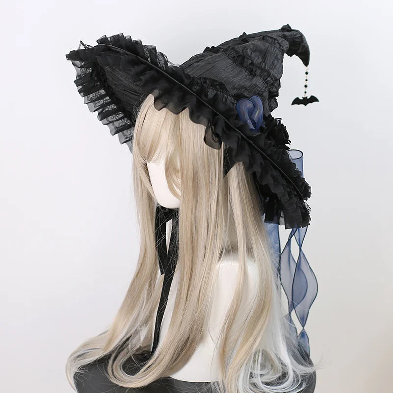 Lolita Hair Accessory Goth Halloween Black Witch Hat Headgear Witch Hat Big Brim
