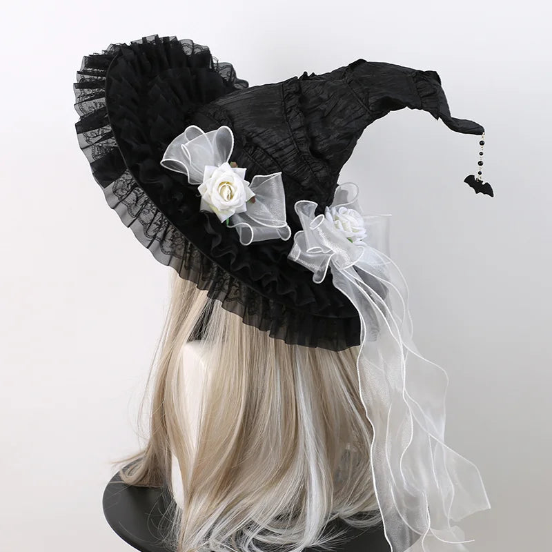 Lolita Hair Accessories Goth Halloween Black Witch Hat Headgear Blue Red Witch Hat Big Brim