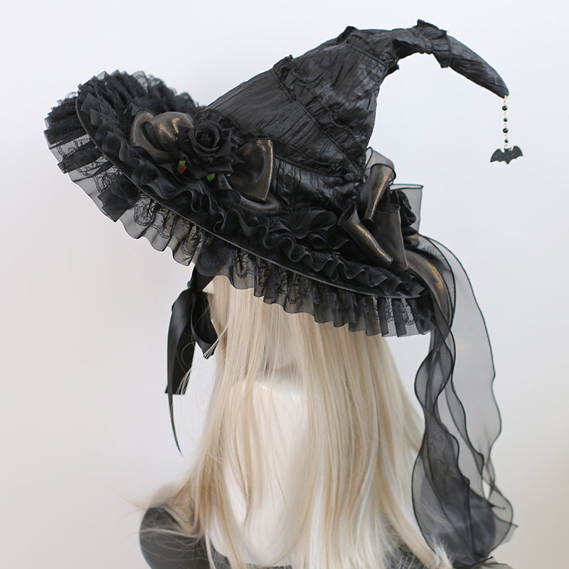 Lolita Hair Accessories Goth Halloween Black Witch Hat Headgear Blue Red Witch Hat Big Brim