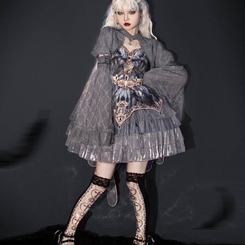 Goth Lolita Lolita Suspender JSK Dress Swan Dance Grey Feather Lolita Outfits Dress Multilayer Cake Dress
