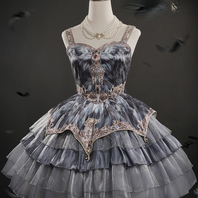 Goth Lolita Lolita Suspender JSK Dress Swan Dance Grey Feather Lolita Outfits Dress Multilayer Cake Dress