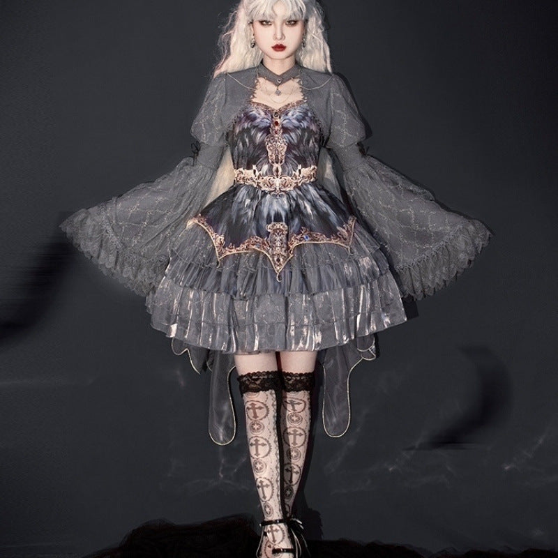 Goth Lolita Lolita Suspender JSK Dress Swan Dance Grey Feather Lolita Outfits Dress Multilayer Cake Dress