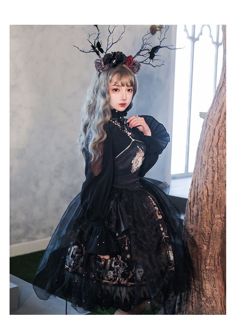 Goth Lolita Plus Size Black Gothic Dark Lace Lolita JSK Black Shirt Long Sleeve Lolita Dresses 3XL Lolita Dress Jumper Skirt