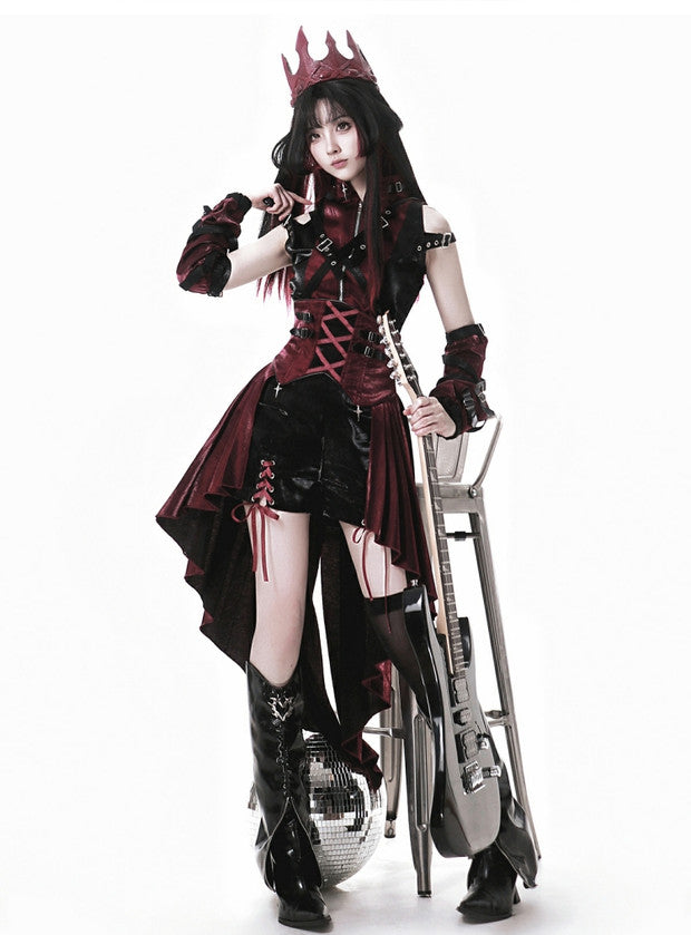 Goth Lolita Punk Velvet Dress Black Set with Corset Detailing  Asymmetric Hem