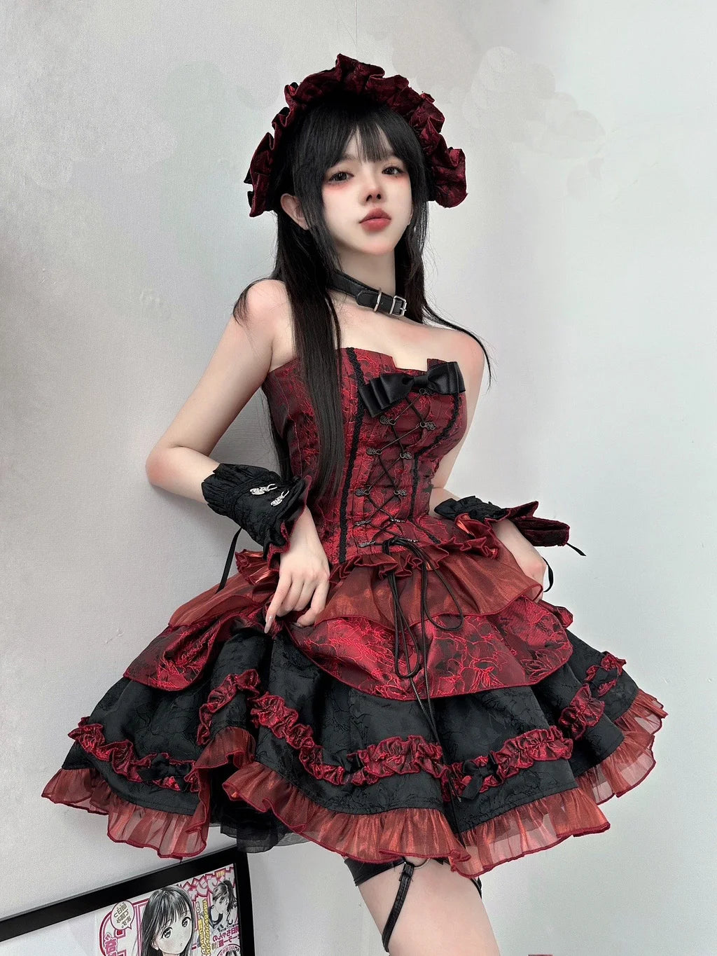 Goth Lolita Red Ballet JSK Lolita Dresses Jacquard Fishbone Bra Skirt Multi-layer Lace Ruffle Strap Lolita Skirt Suit Tutu Skirt Summer