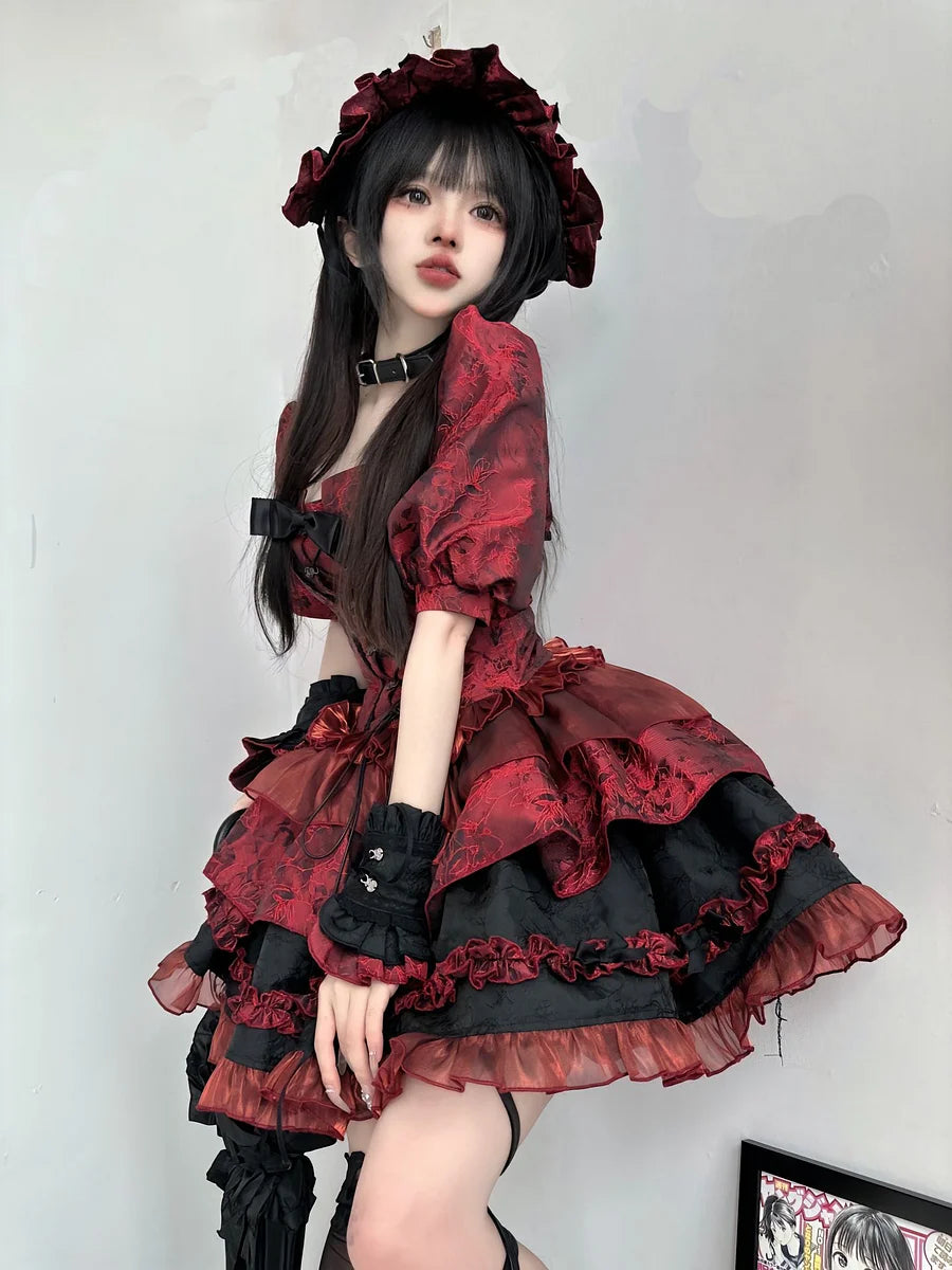 Goth Lolita Red Ballet JSK Lolita Dresses Jacquard Fishbone Bra Skirt Multi-layer Lace Ruffle Strap Lolita Skirt Suit Tutu Skirt Summer