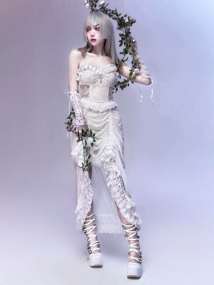 Goth Lolita Pale Lace Dress Silver Sweet Ruffles Dark Fantasy Undertones