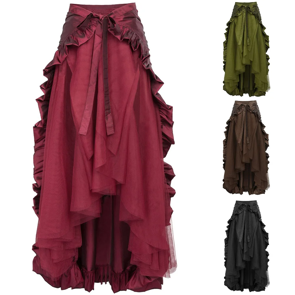 Goth Lolita Red American Victirian Retro Denim Pleated Skirt Ruffle Edge Lace Pirate Skirt