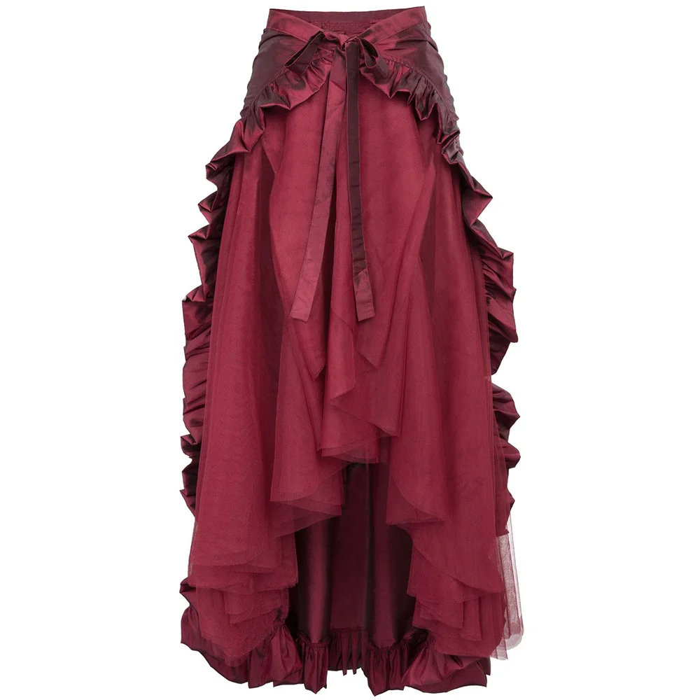 Goth Lolita Red American Victirian Retro Denim Pleated Skirt Ruffle Edge Lace Pirate Skirt