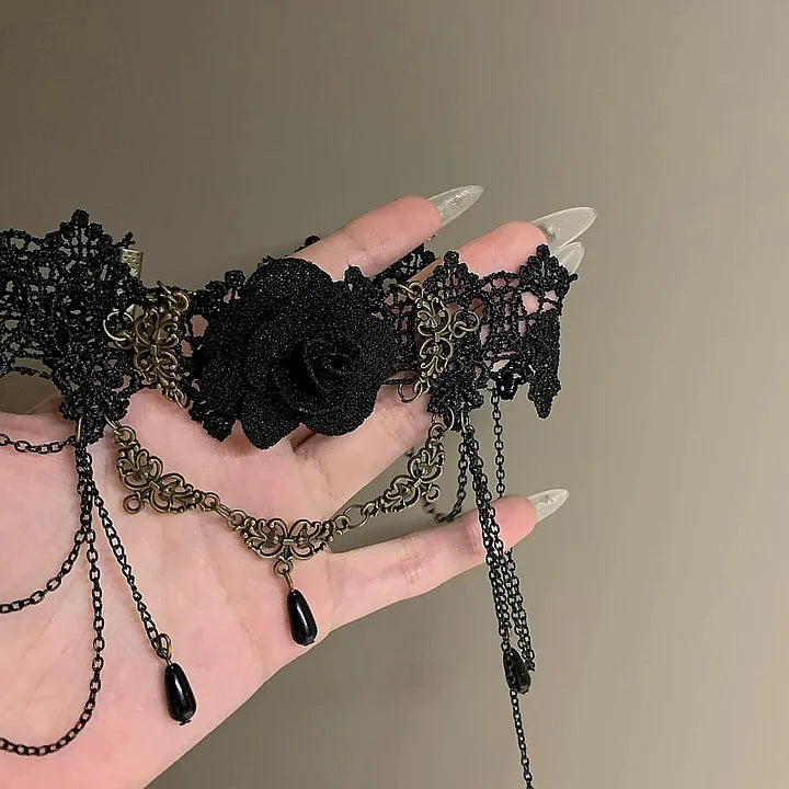 Gothic Black Lace Rose Necklace Lolita Pendant Chocker