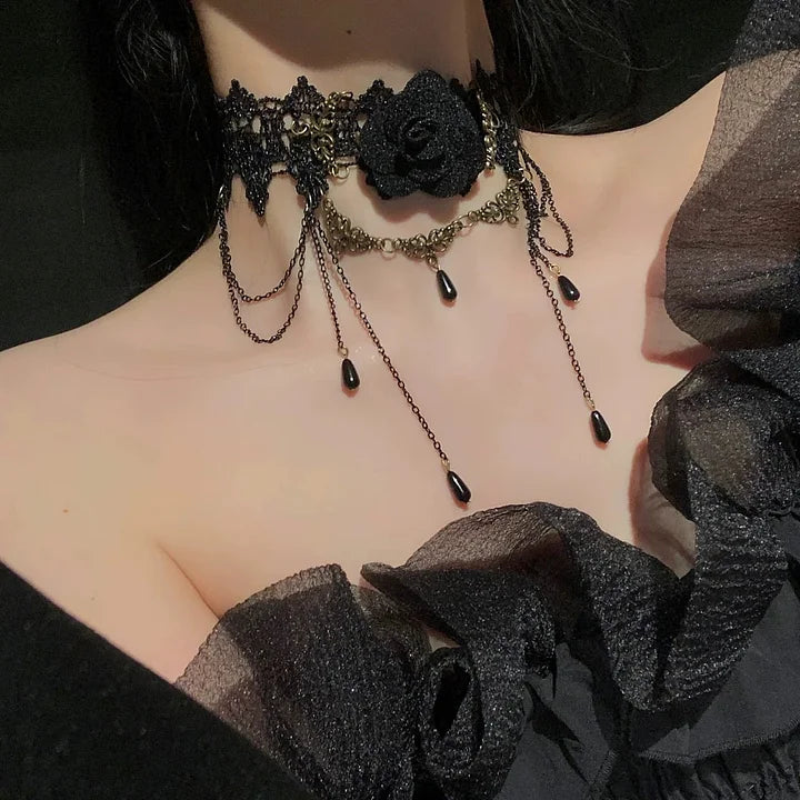 Gothic Black Lace Rose Necklace Lolita Pendant Chocker