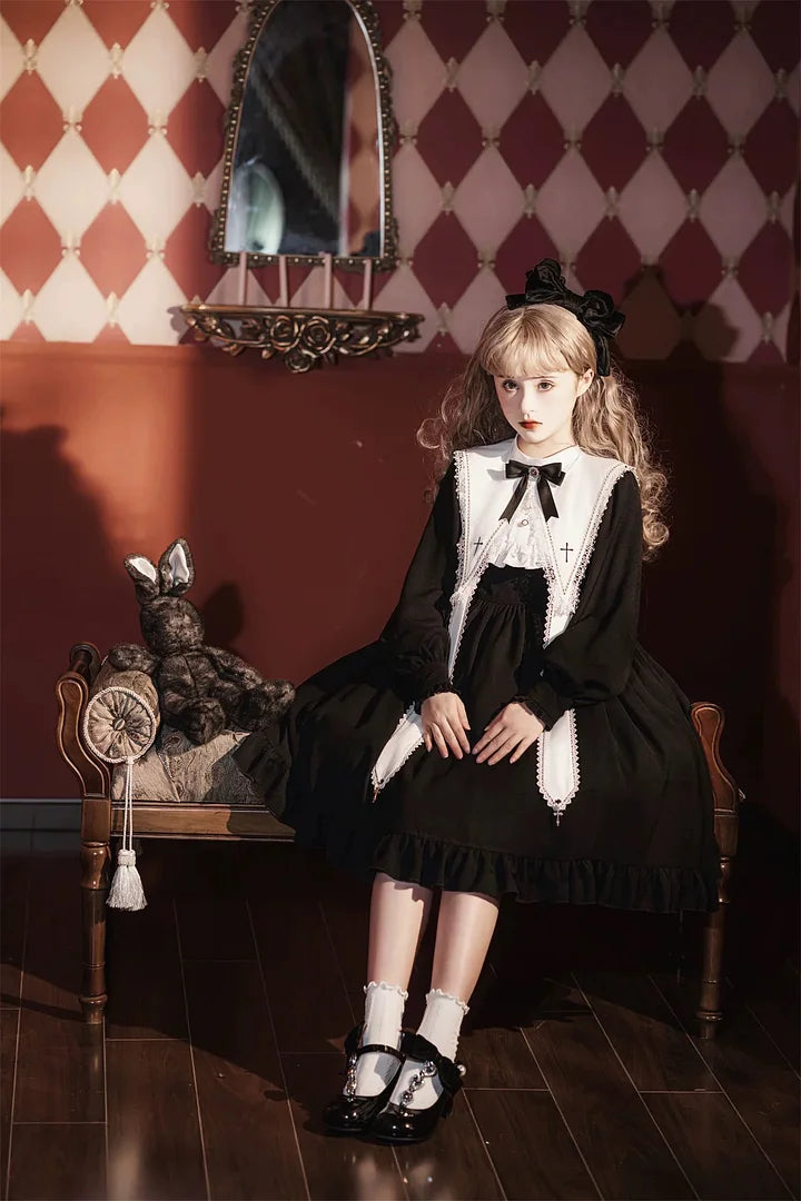 Gothic Black Lolita Dress Classical Elegant Nun Style Long Sleeved Cross Dress in Autumn