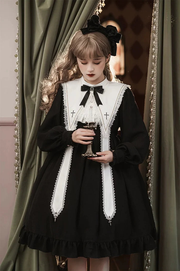 Gothic Black Lolita Dress Classical Elegant Nun Style Long Sleeved Cross Dress in Autumn