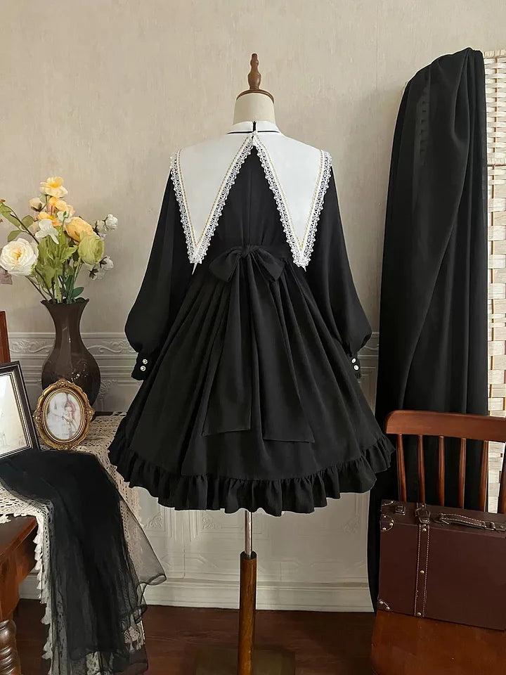 Gothic Black Lolita Dress Classical Elegant Nun Style Long Sleeved Cross Dress in Autumn