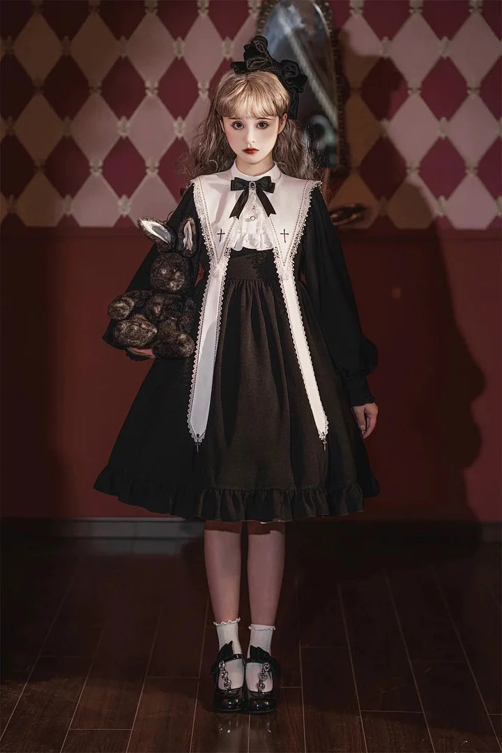 Gothic Black Lolita Dress Classical Elegant Nun Style Long Sleeved Cross Dress in Autumn