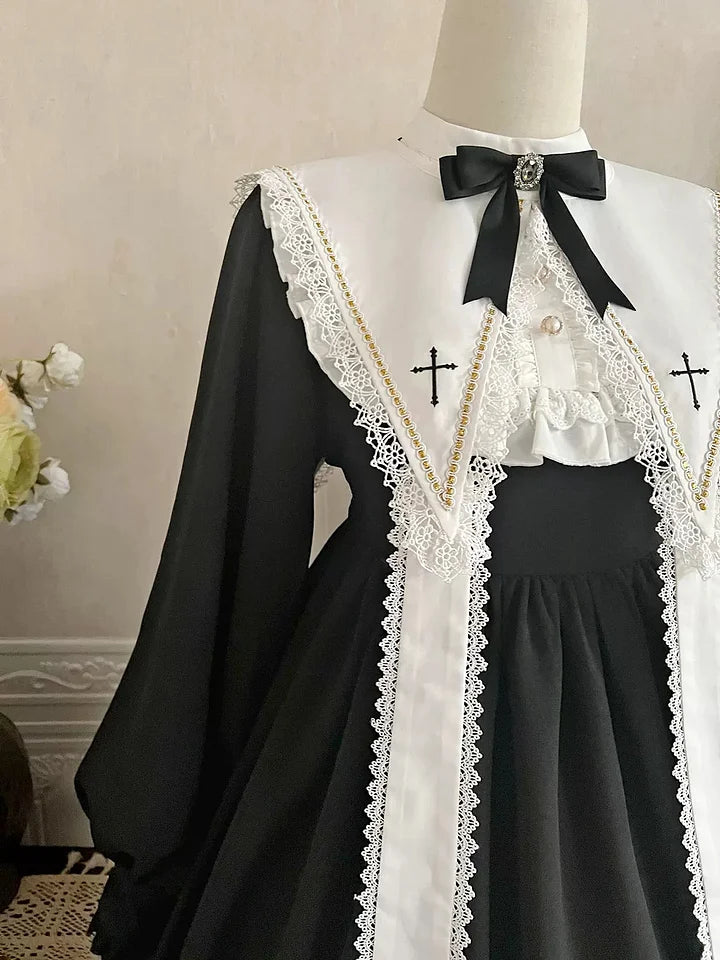 Gothic Black Lolita Dress Classical Elegant Nun Style Long Sleeved Cross Dress in Autumn