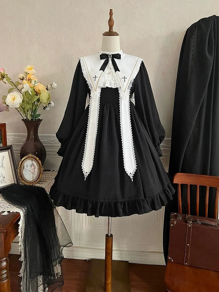 Gothic Black Lolita Dress Classical Elegant Nun Style Long Sleeved Cross Dress in Autumn