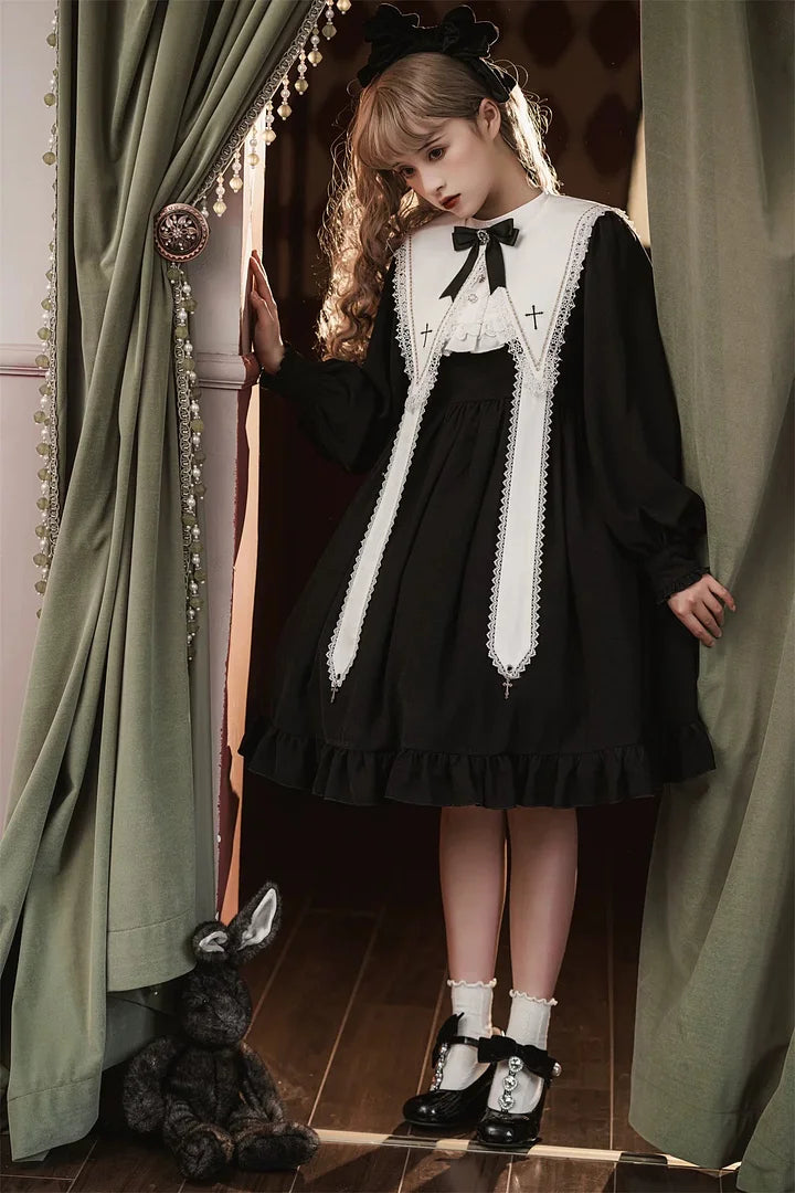 Gothic Black Lolita Dress Classical Elegant Nun Style Long Sleeved Cross Dress in Autumn