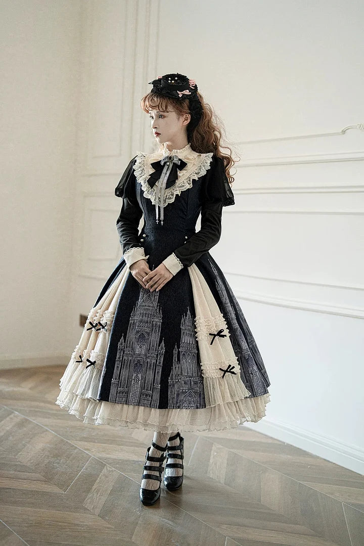 Gothic Black Long Sleeved Dress Elegant Lolita Ruffled Lace Long Dress in Autumn