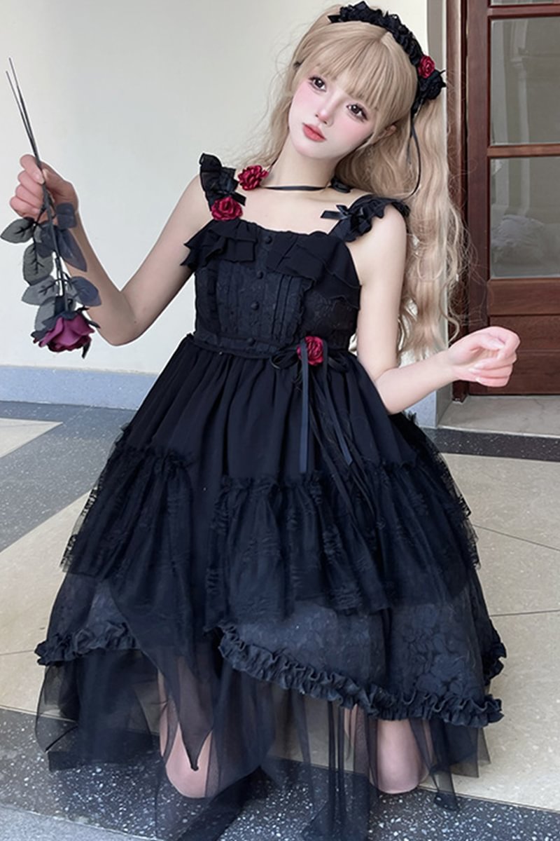 Gothic Black Suspender Dress Daily Dark Classic Simple Lolita Dress Summer