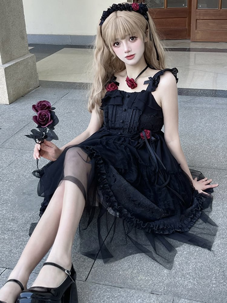 Gothic Black Suspender Dress Daily Dark Classic Simple Lolita Dress Summer