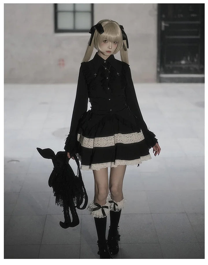 Gothic Black and White Long-sleeved Waist Shirt Lolita Inside Blouse Shirt
