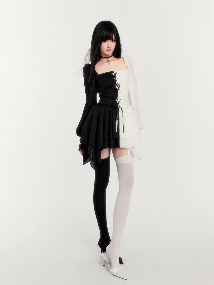 Gothic Dark Black and White Christmas Court Dress Light Lolita
