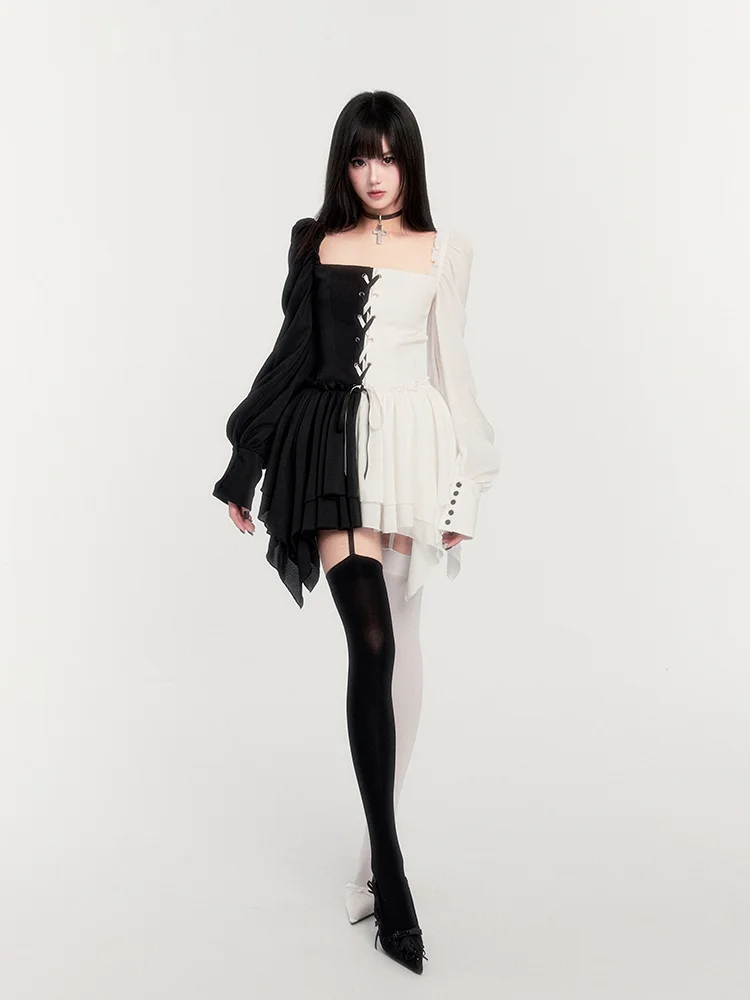 Gothic Dark Black and White Christmas Court Dress Light Lolita