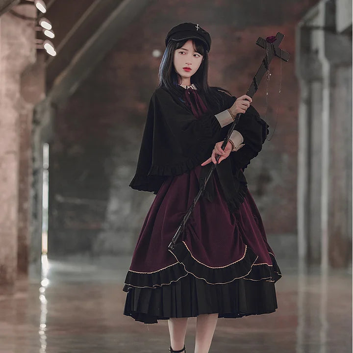 Gothic Dark Pleated Skirt OP Autumn Fake Two-piece Large Skirt Lolita