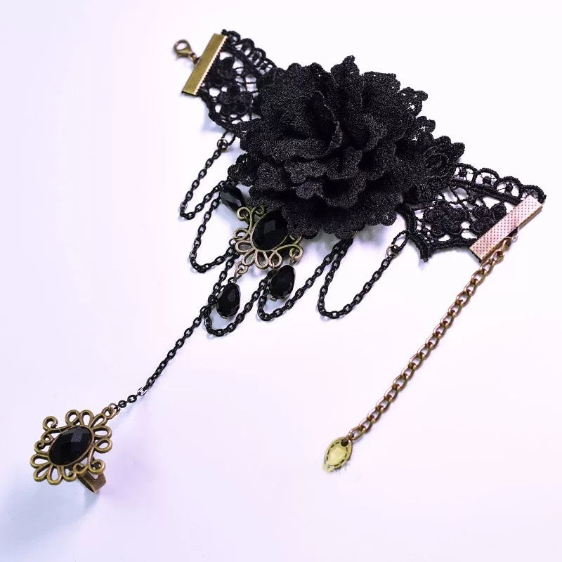 Lolita Hand Accessories Gothic Black Rose Chain Ring Lace Gloves Ornament