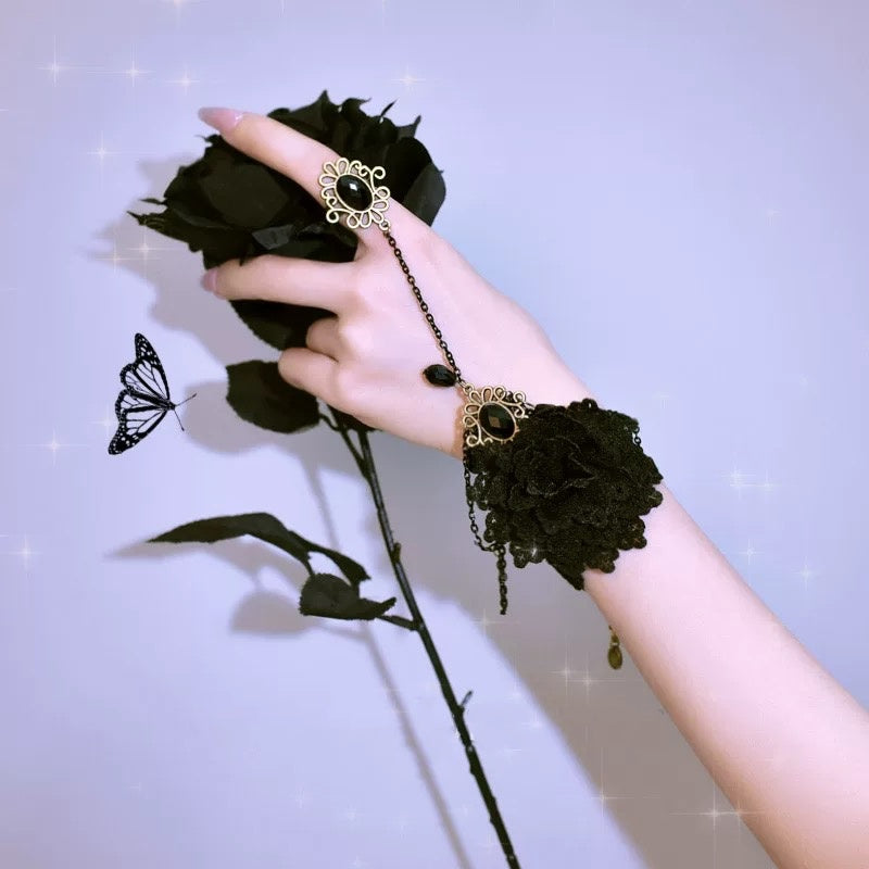 Lolita Hand Accessories Gothic Black Rose Chain Ring Lace Gloves Ornament