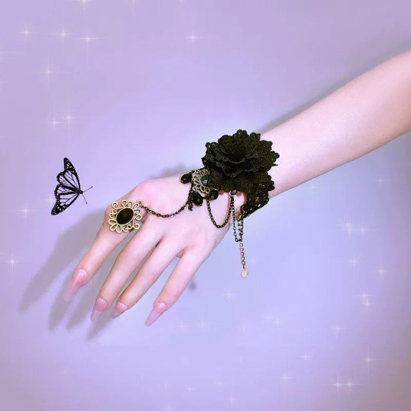 Lolita Hand Accessories Gothic Black Rose Chain Ring Lace Gloves Ornament