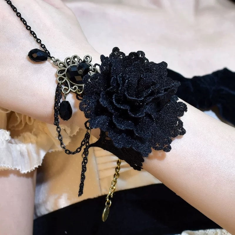 Lolita Hand Accessories Gothic Black Rose Chain Ring Lace Gloves Ornament