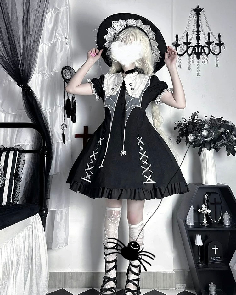 Gothic Lolita Black Spider Witch Costume with Witch Hat Dress for Halloween
