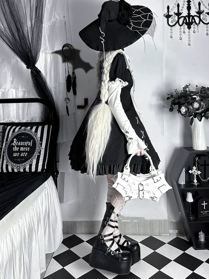 Gothic Lolita Black Spider Witch Costume with Witch Hat Dress for Halloween