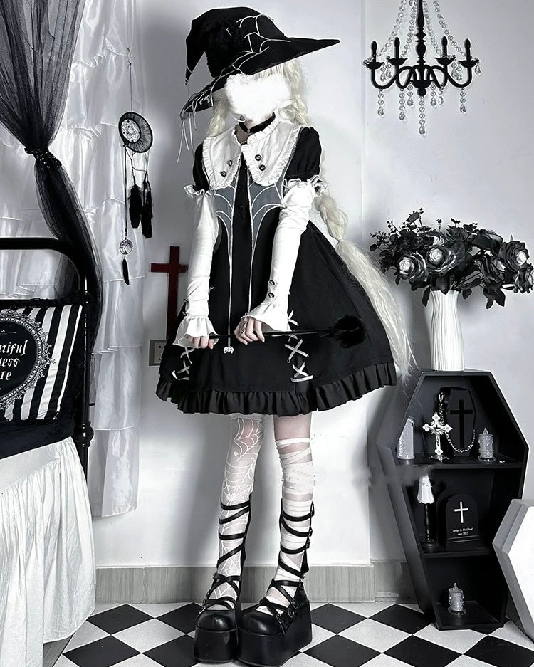 Gothic Lolita Black Spider Witch Costume with Witch Hat Dress for Halloween