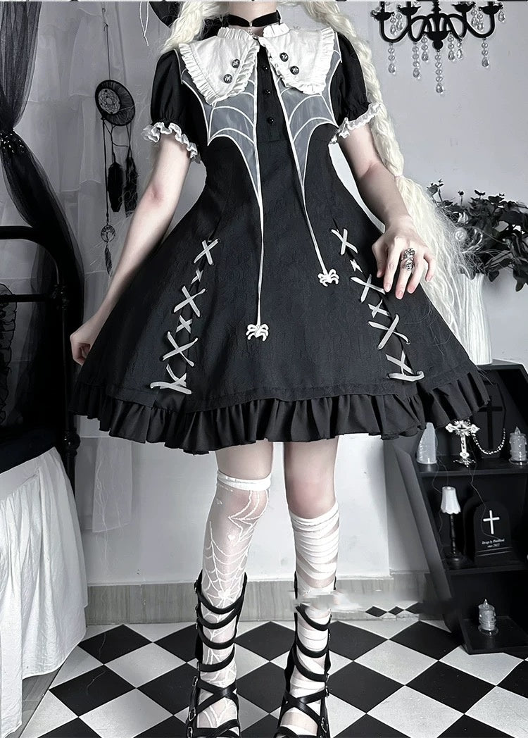 Gothic Lolita Black Spider Witch Costume with Witch Hat Dress for Halloween